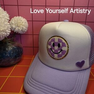 Purple and White Smiley Face Trucker Hat